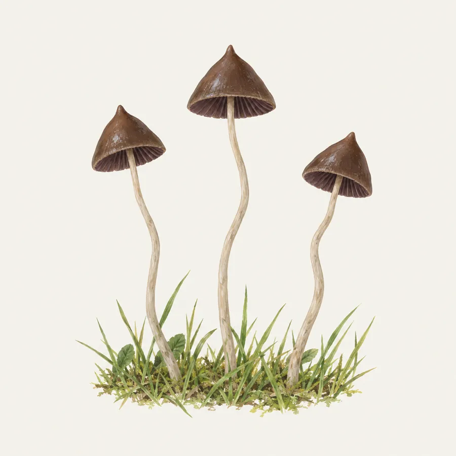 Illustration: drei schlanke braune Pilze mit spitzem Hut und dünnem, welligem Stiel im kurzen Gras