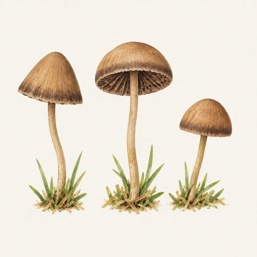 Illustration: drei kleine braune Pilze mit halbrundem Hut auf einem frisch gemähten Rasen