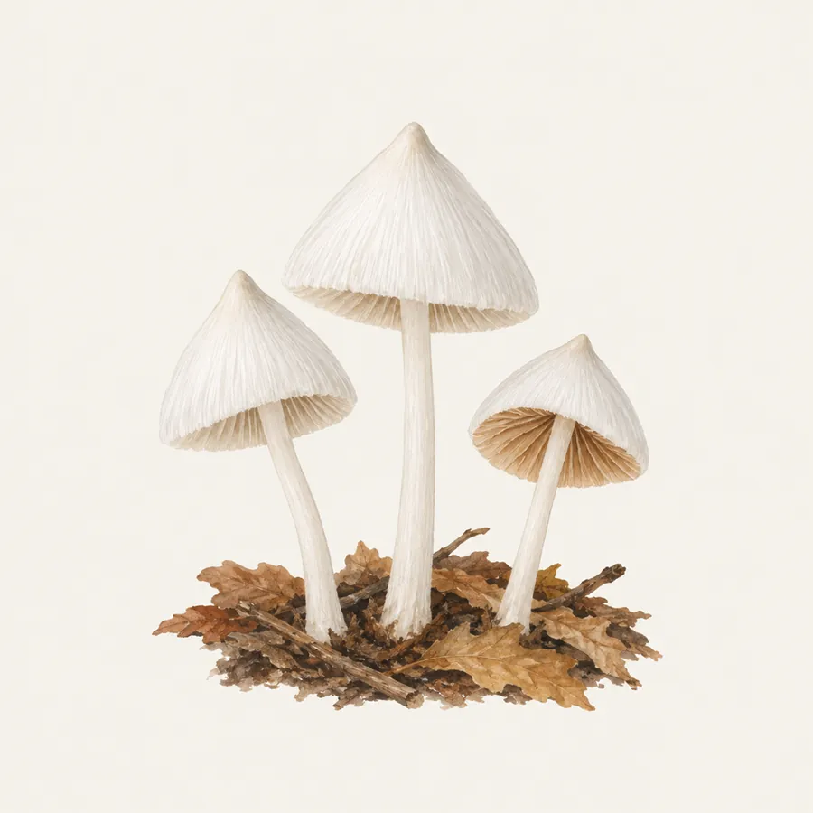 Illustration: drei kleine weiße seidige Pilze mit spitzem Buckel an einem Waldweg mit Laub