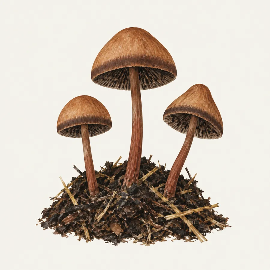 Illustration: drei zimtbraune Pilze mit dunklem Randband am Hut auf einem Komposthaufen mit Stroh