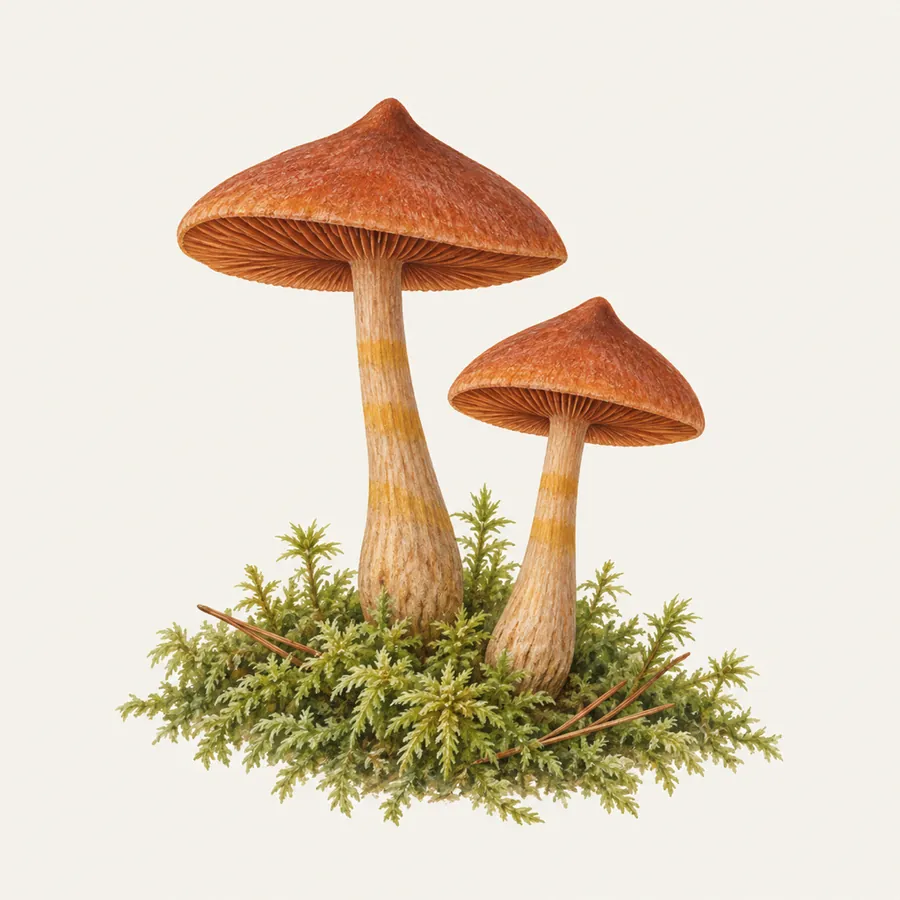 Illustration: zwei rostorange Pilze mit spitzem Buckel zwischen Torfmoos im Fichtenwald